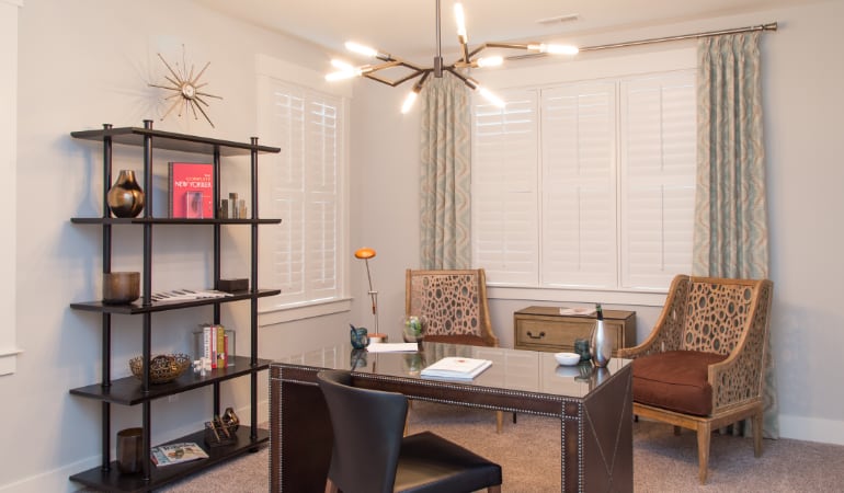 Philadelphia home office with plantation shutters.